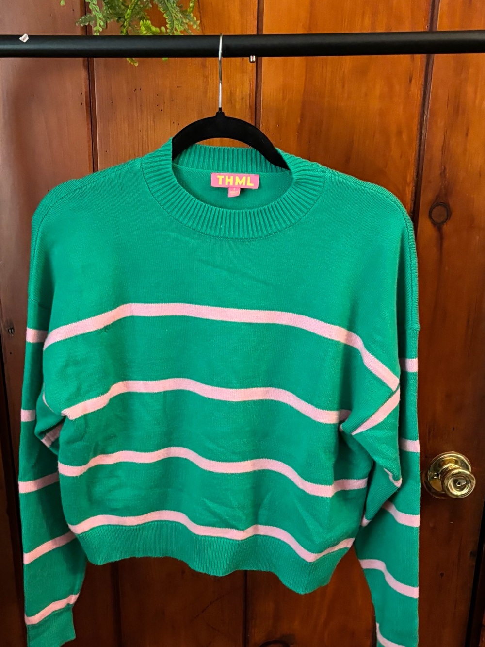 THML Teal Green Crewneck Sweater with Light Pink Stripes